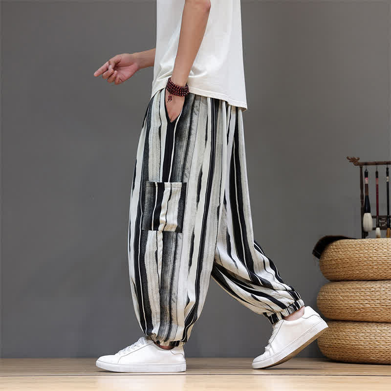 Buddha Stones Pantalones cortos de verano informales estilo boho con bolsillos de parche y rayas, pantalones harem para hombre con bolsillo. - image 4