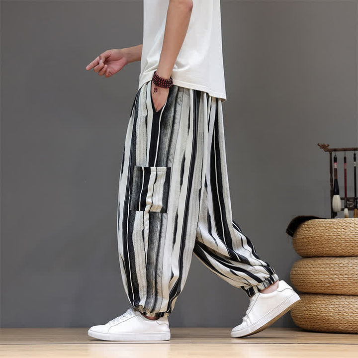 Buddha Stones Pantalones cortos de verano informales estilo boho con bolsillos de parche y rayas, pantalones harem para hombre con bolsillo. - image 4