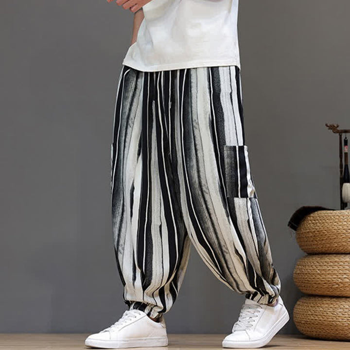 Buddha Stones Pantalones cortos de verano informales estilo boho con bolsillos de parche y rayas, pantalones harem para hombre con bolsillo. - image 0
