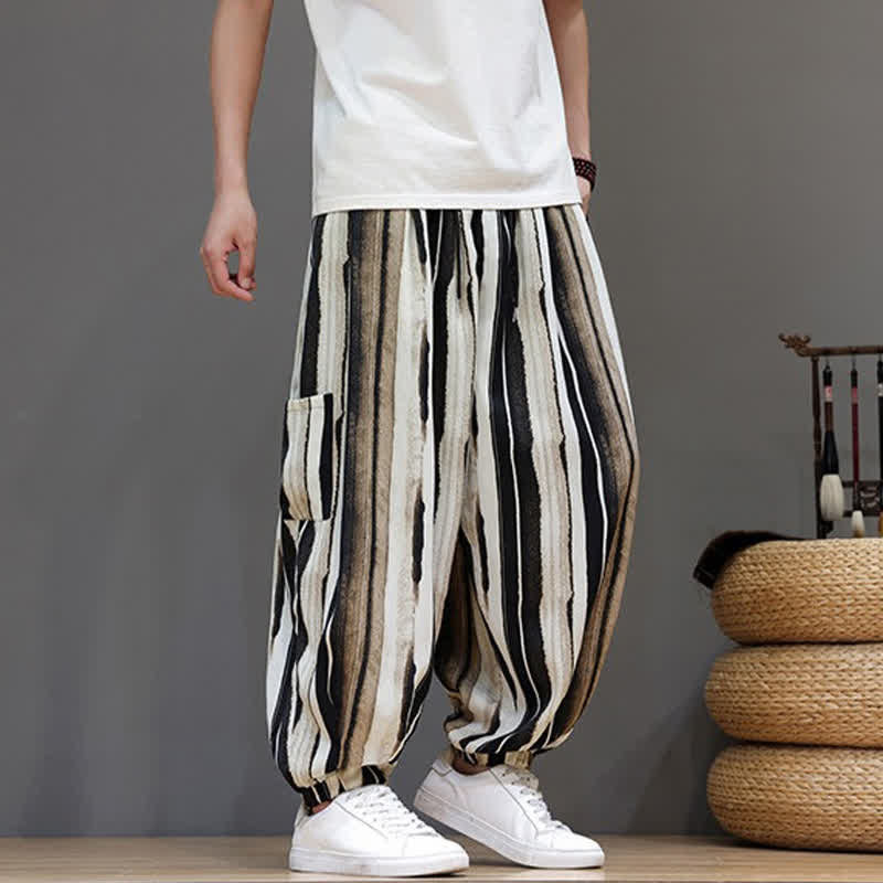 Buddha Stones Pantalones cortos de verano informales estilo boho con bolsillos de parche y rayas, pantalones harem para hombre con bolsillo. - image 16
