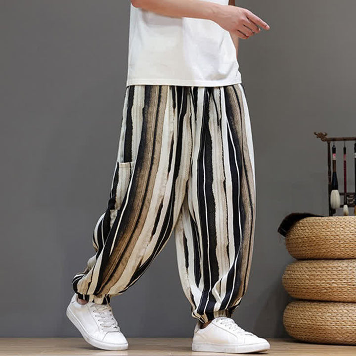 Buddha Stones Pantalones cortos de verano informales estilo boho con bolsillos de parche y rayas, pantalones harem para hombre con bolsillo. - image 14