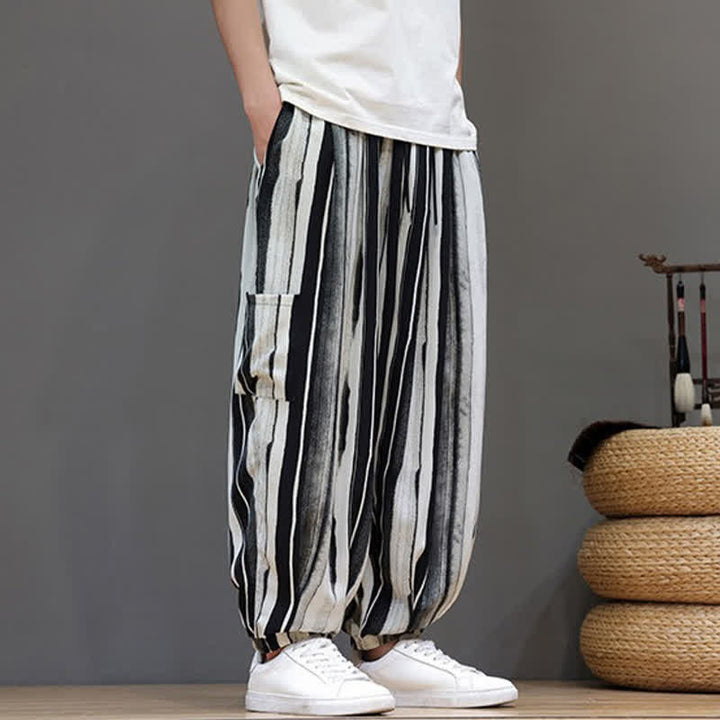 Buddha Stones Pantalones cortos de verano informales estilo boho con bolsillos de parche y rayas, pantalones harem para hombre con bolsillo. - image 6