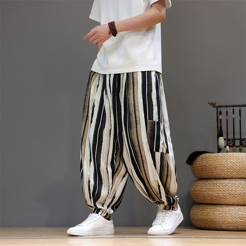 Buddha Stones Pantalones cortos de verano informales estilo boho con bolsillos de parche y rayas, pantalones harem para hombre con bolsillo. - image 12