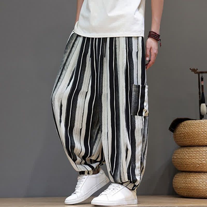 Buddha Stones Pantalones cortos de verano informales estilo boho con bolsillos de parche y rayas, pantalones harem para hombre con bolsillo. - image 2
