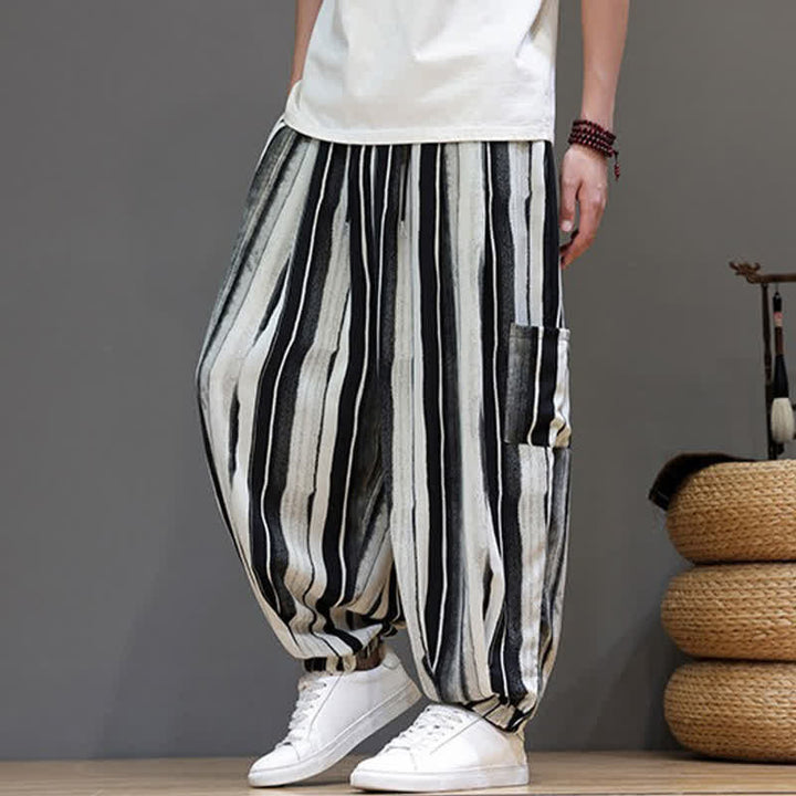 Buddha Stones Pantalones cortos de verano informales estilo boho con bolsillos de parche y rayas, pantalones harem para hombre con bolsillo. - image 2