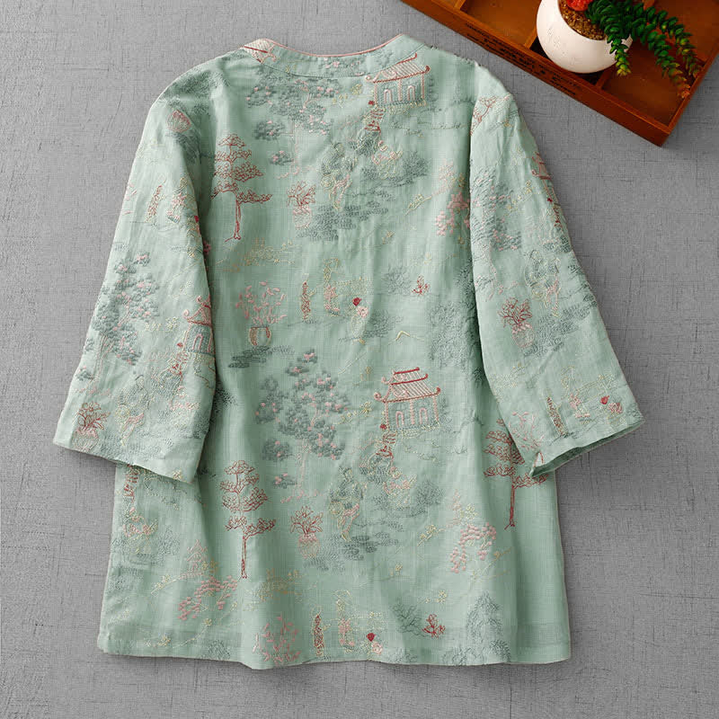Buddha Stones Camisas de manga corta para mujer con bordado abstracto y cuello mandarín estilo vintage de Summer Tang - image 1