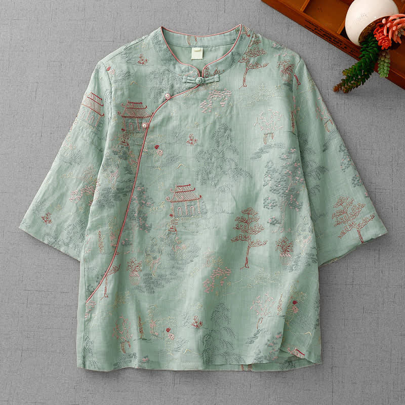 Buddha Stones Camisas de manga corta para mujer con bordado abstracto y cuello mandarín estilo vintage de Summer Tang - Verde mar oscuro - US8-10, UK/AU12-14, EU40-42 (2XL) - image 0