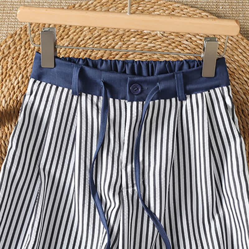Buddha Stones Pantalones largos de verano informales con cordón ajustable y rayas, pantalones de pierna ancha para mujer con bolsillo. - image 3