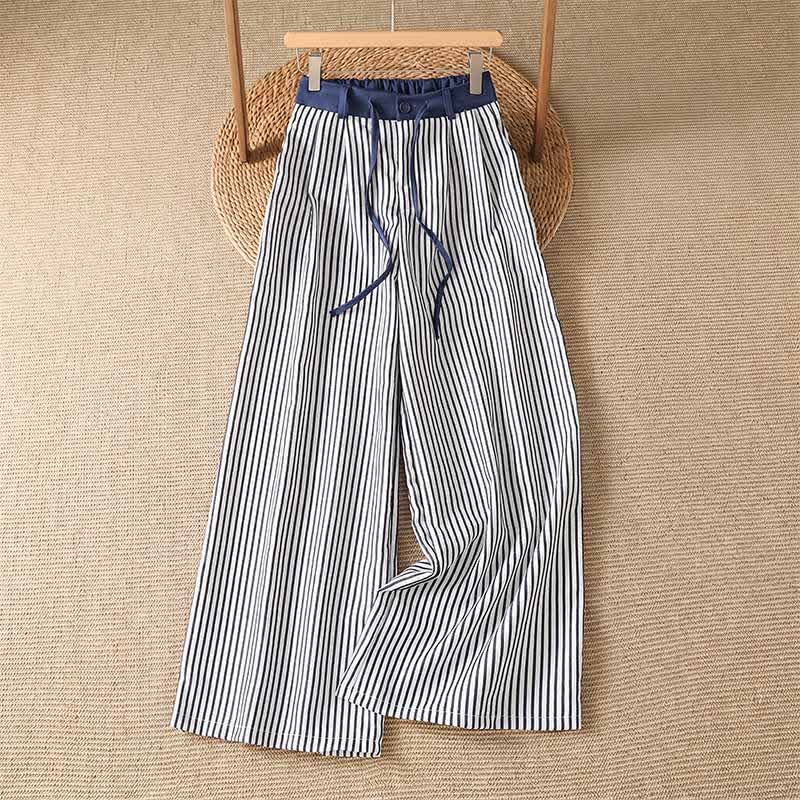 Buddha Stones Pantalones largos de verano informales con cordón ajustable y rayas, pantalones de pierna ancha para mujer con bolsillo. - Azul oscuro - US8-10, UK/AU12-14, EU40-42 (2XL) - image 0