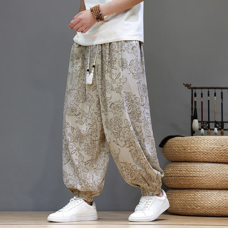 Buddha Stones Pantalones tobilleros florales de estilo vintage con cordón ajustable para hombre, estilo harem, con bolsillo. - Blanco - US/UK/AU46, EU56 (5XL) - image 0