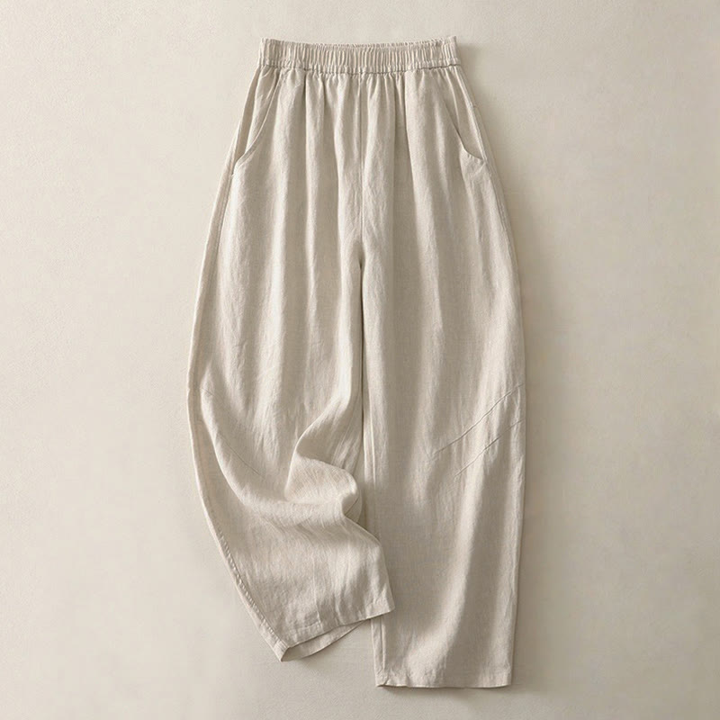 Pantalones de mujer de pierna ancha con bolsillos, color liso y cintura elástica, con estampado de Buddha Stones, ideales para el verano. - Beige - US8-10，UK/AU12-14，EU40-42 (2XL) - image 0