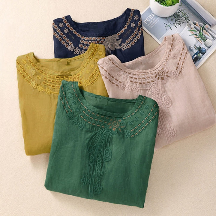 Camiseta de mujer con cuello redondo y mangas abullonadas, diseño floral liso y artístico de Buddha Stones. - image 26
