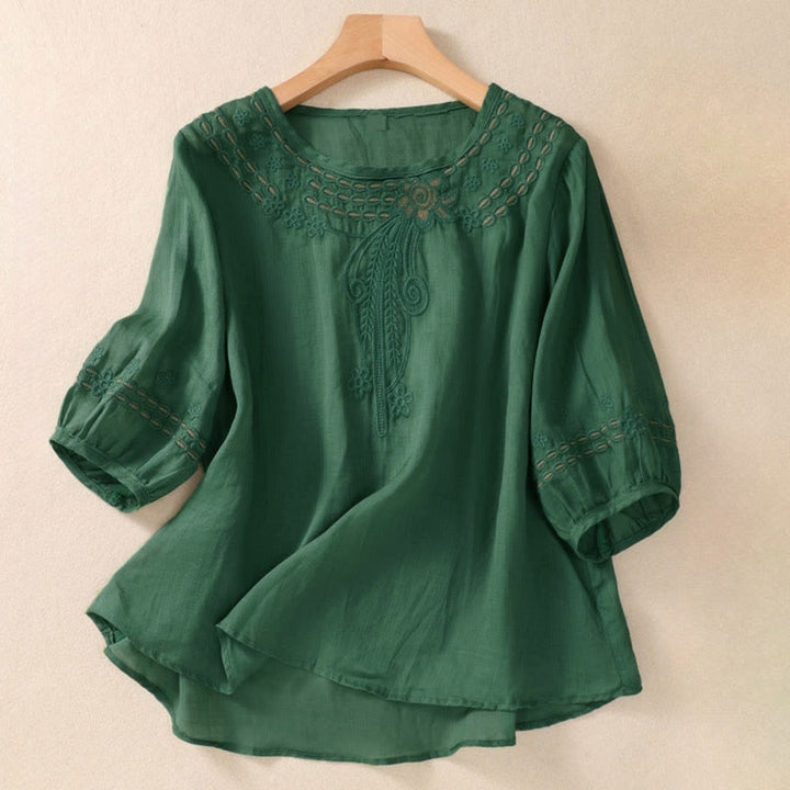 Camiseta de mujer con cuello redondo y mangas abullonadas, diseño floral liso y artístico de Buddha Stones. - Verde oscuro - US8-10，UK/AU12-14，EU40-42 (2XL) - image 19
