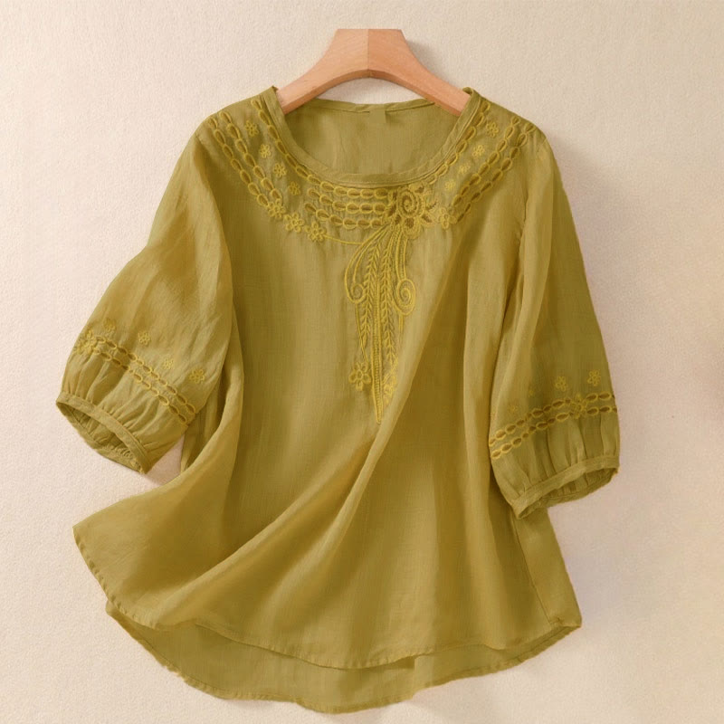 Camiseta de mujer con cuello redondo y mangas abullonadas, diseño floral liso y artístico de Buddha Stones. - Vara de oro oscura - US8-10，UK/AU12-14，EU40-42 (2XL) - image 12