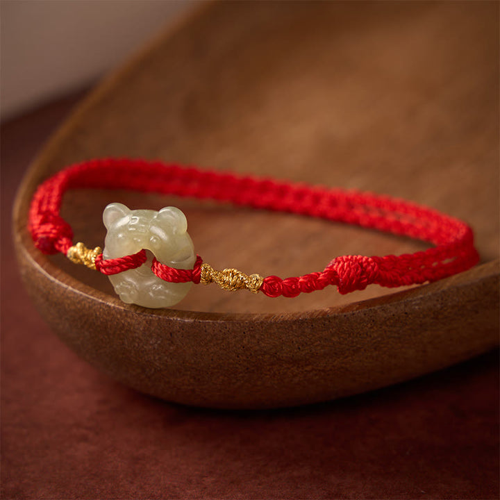 Buddha Stones Pulsera de la prosperidad con hebilla de la paz y cabeza de tigre de jade y cordón rojo - image 2