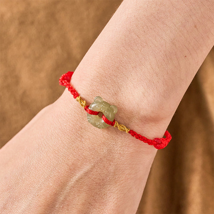 Buddha Stones Pulsera de la prosperidad con hebilla de la paz y cabeza de tigre de jade y cordón rojo - image 4