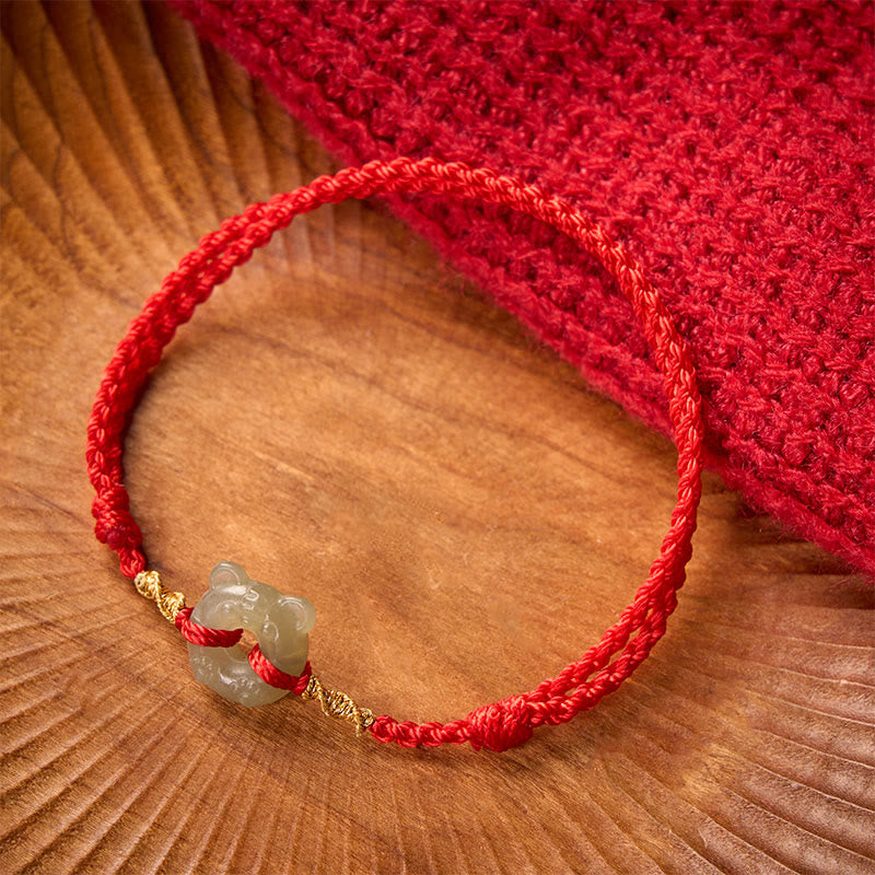 Buddha Stones Pulsera de la prosperidad con hebilla de la paz y cabeza de tigre de jade y cordón rojo - image 1
