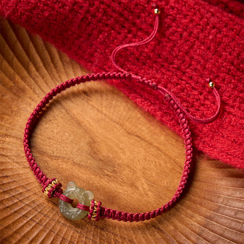 Buddha Stones Pulsera trenzada de hilo rojo con hebilla de paz y diseño de cabeza de tigre de jade - image 1