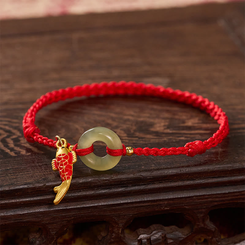 Buddha Stones Pulsera protectora con dije de pez koi, hebilla de la paz y cordón rojo de jade. - image 2