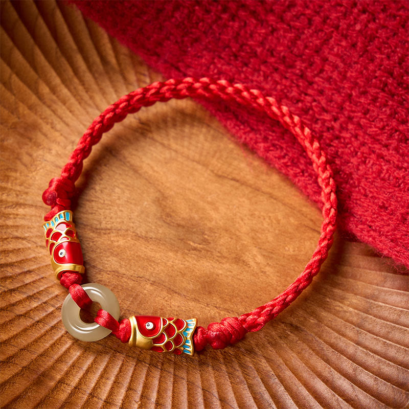 Buddha Stones Pulsera de la prosperidad con hebilla de jade Hetian, doble pez koi y cordón rojo. - image 1