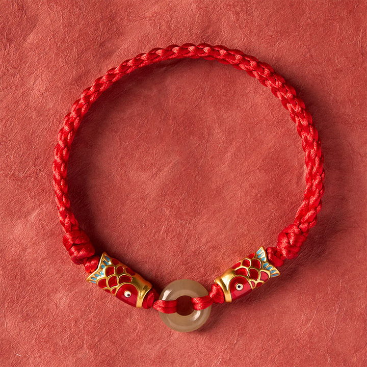 Buddha Stones Pulsera de la prosperidad con hebilla de jade Hetian, doble pez koi y cordón rojo. - image 3