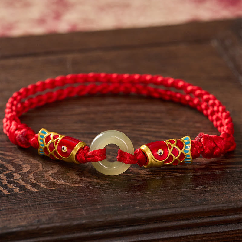 Buddha Stones Pulsera de la prosperidad con hebilla de jade Hetian, doble pez koi y cordón rojo. - Jade natural (el color puede variar) - image 0