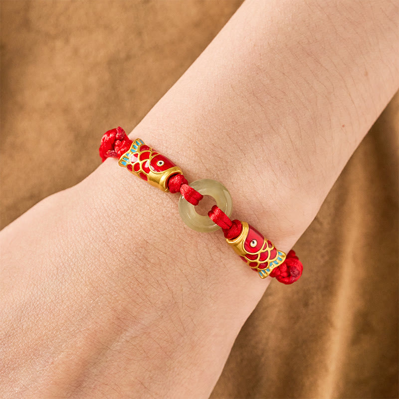 Buddha Stones Pulsera de la prosperidad con hebilla de jade Hetian, doble pez koi y cordón rojo. - image 4