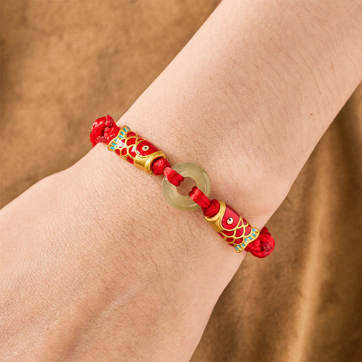 Buddha Stones Pulsera de la prosperidad con hebilla de jade Hetian, doble pez koi y cordón rojo. - image 4