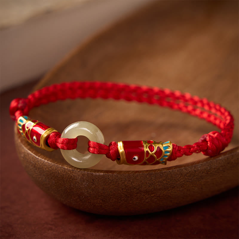 Buddha Stones Pulsera de la prosperidad con hebilla de jade Hetian, doble pez koi y cordón rojo. - image 2