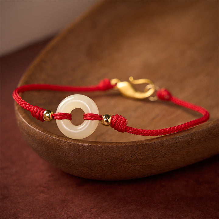 Buddha Stones Pulsera de la suerte con hebilla de jade Hetian, cierre de pez koi y cordón rojo - image 2