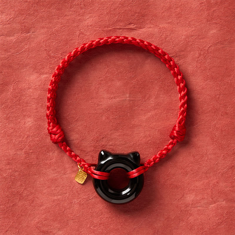 Buddha Stones Pulsera trenzada de protección con hebilla de paz y diseño de gato de obsidiana negra, personaje Fu, con cordón rojo. - image 3