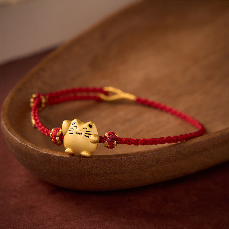 Buddha Stones Pulsera de energía protectora con forma de gato de la suerte de cobre y cuerda roja - Rojo oscuro (circunferencia de la muñeca: 14-18 cm) - image 0