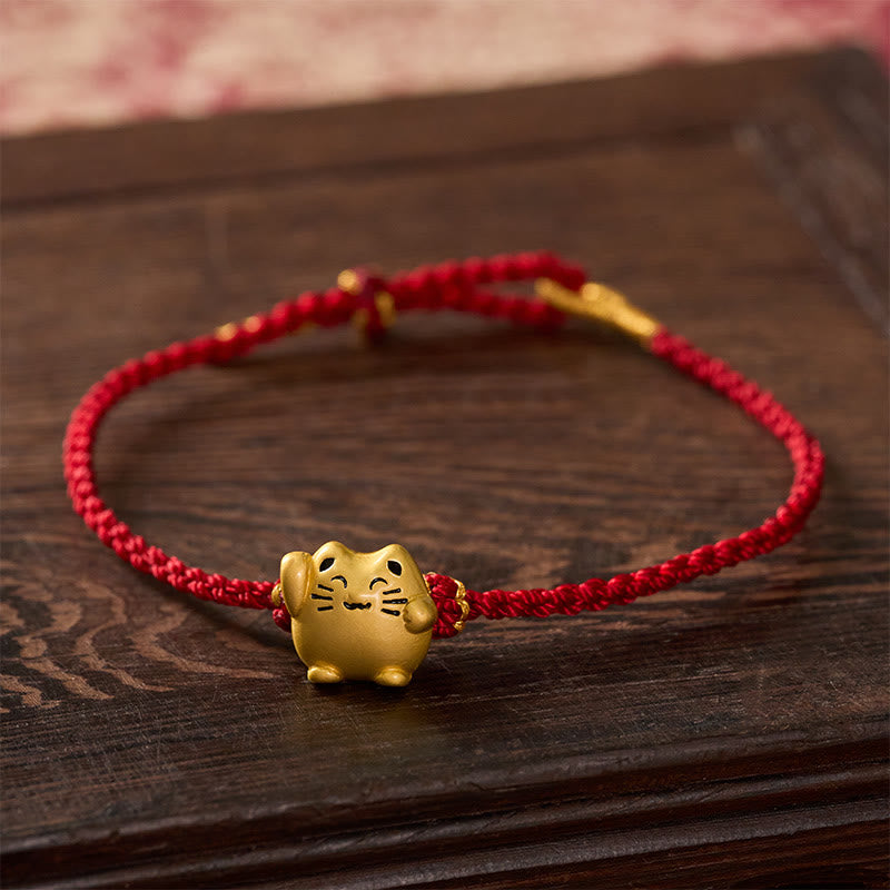 Buddha Stones Pulsera de energía protectora con forma de gato de la suerte de cobre y cuerda roja - image 2