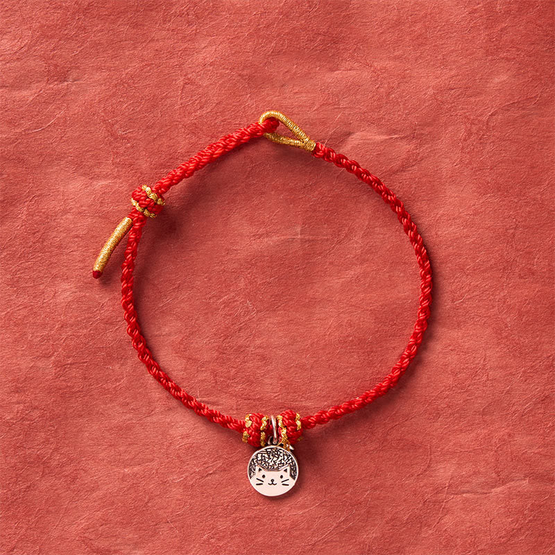 Buddha Stones Colgante redondo de plata de ley 925 con gatito comiendo pescado, símbolo de prosperidad, con pulsera trenzada de hilo rojo y negro. - image 3