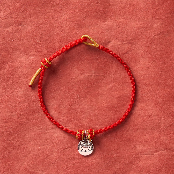 Buddha Stones Colgante redondo de plata de ley 925 con gatito comiendo pescado, símbolo de prosperidad, con pulsera trenzada de hilo rojo y negro. - image 3