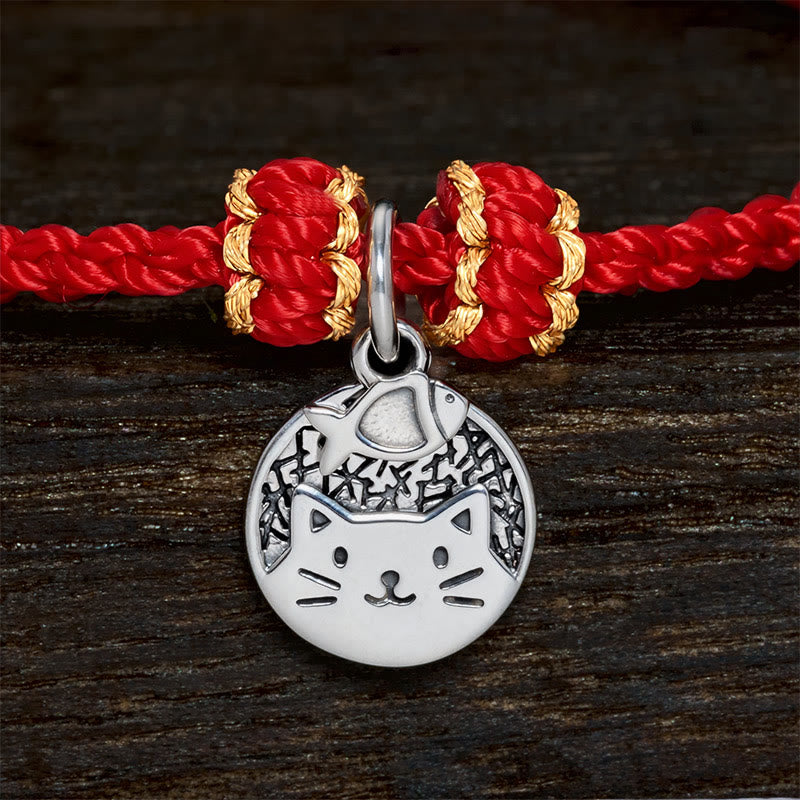 Buddha Stones Colgante redondo de plata de ley 925 con gatito comiendo pescado, símbolo de prosperidad, con pulsera trenzada de hilo rojo y negro. - image 9