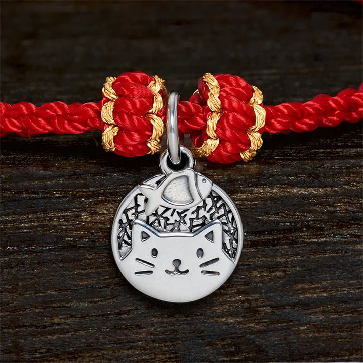 Buddha Stones Colgante redondo de plata de ley 925 con gatito comiendo pescado, símbolo de prosperidad, con pulsera trenzada de hilo rojo y negro. - image 9