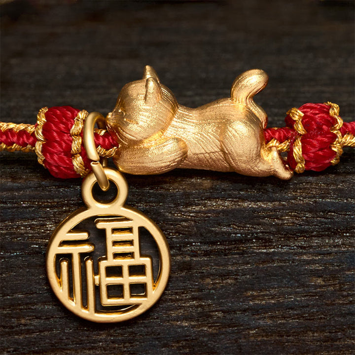 Buddha Stones Pulsera de la prosperidad tejida a mano con hilo rojo cobrizo y personaje de Cat Fu acostado - image 5