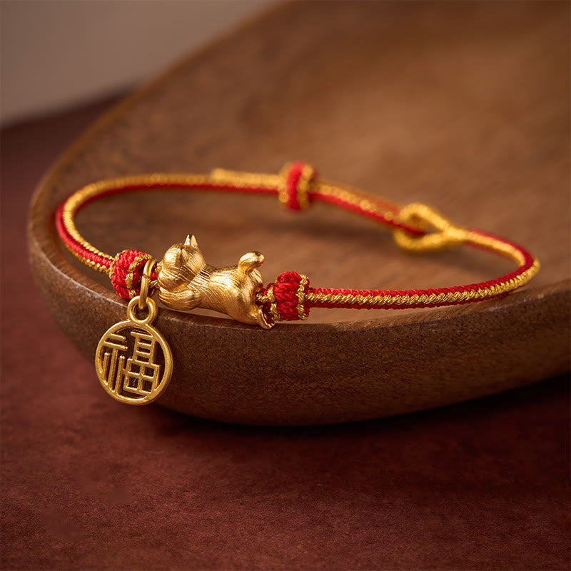 Buddha Stones Pulsera de la prosperidad tejida a mano con hilo rojo cobrizo y personaje de Cat Fu acostado - image 1
