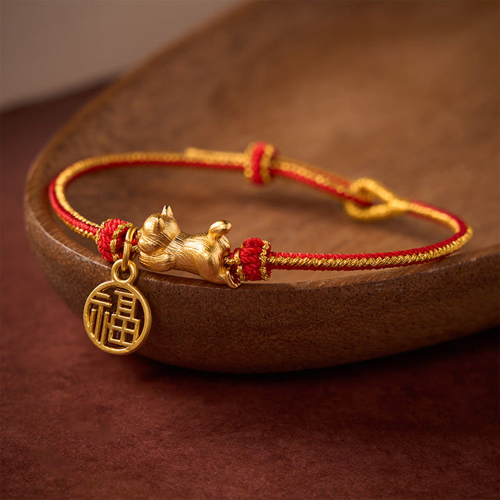 Buddha Stones Pulsera de la prosperidad tejida a mano con hilo rojo cobrizo y personaje de Cat Fu acostado - image 1