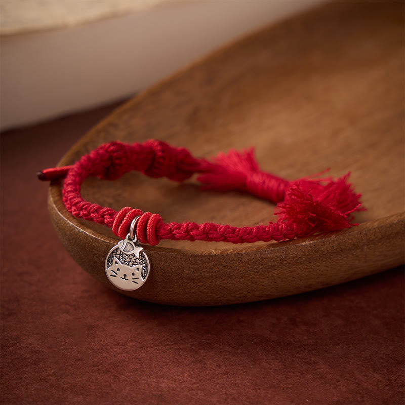 Buddha Stones Pulsera ajustable de plata de ley 925 con diseño de gato y pez, protección tibetana y cordón rojo. - Rojo oscuro (circunferencia de la muñeca: 14-17 cm) - image 0
