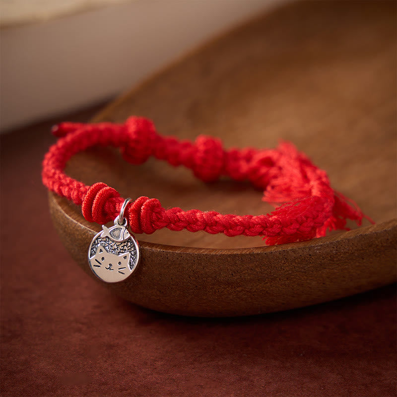 Buddha Stones Pulsera ajustable de plata de ley 925 con diseño de gato y pez, protección tibetana y cordón rojo. - Rojo (circunferencia de la muñeca: 14-17 cm) - image 9