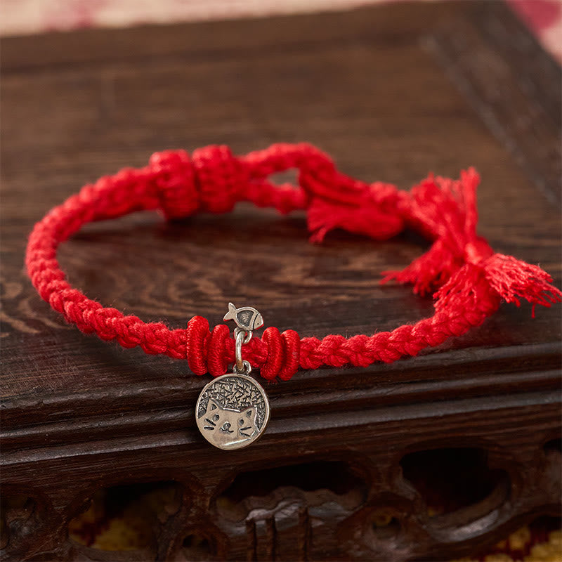 Buddha Stones Pulsera ajustable de plata de ley 925 con diseño de gato y pez, protección tibetana y cordón rojo. - image 10