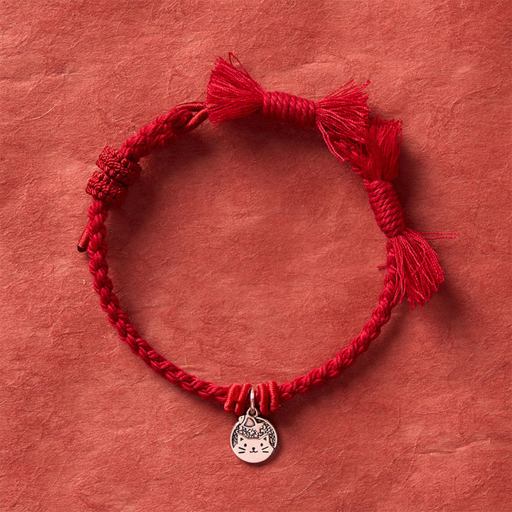 Buddha Stones Pulsera ajustable de plata de ley 925 con diseño de gato y pez, protección tibetana y cordón rojo. - image 3
