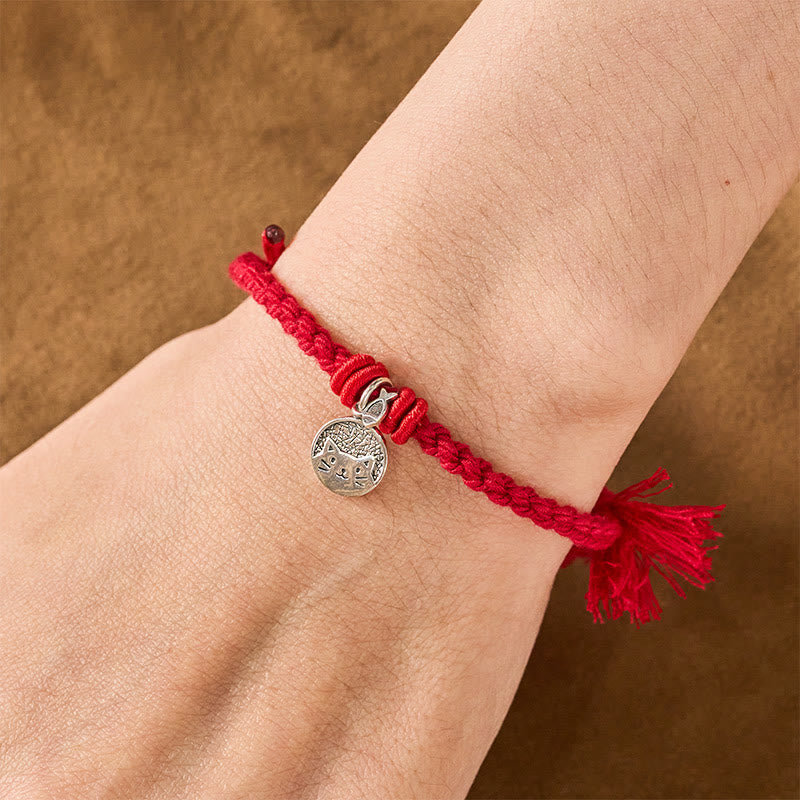 Buddha Stones Pulsera ajustable de plata de ley 925 con diseño de gato y pez, protección tibetana y cordón rojo. - image 4