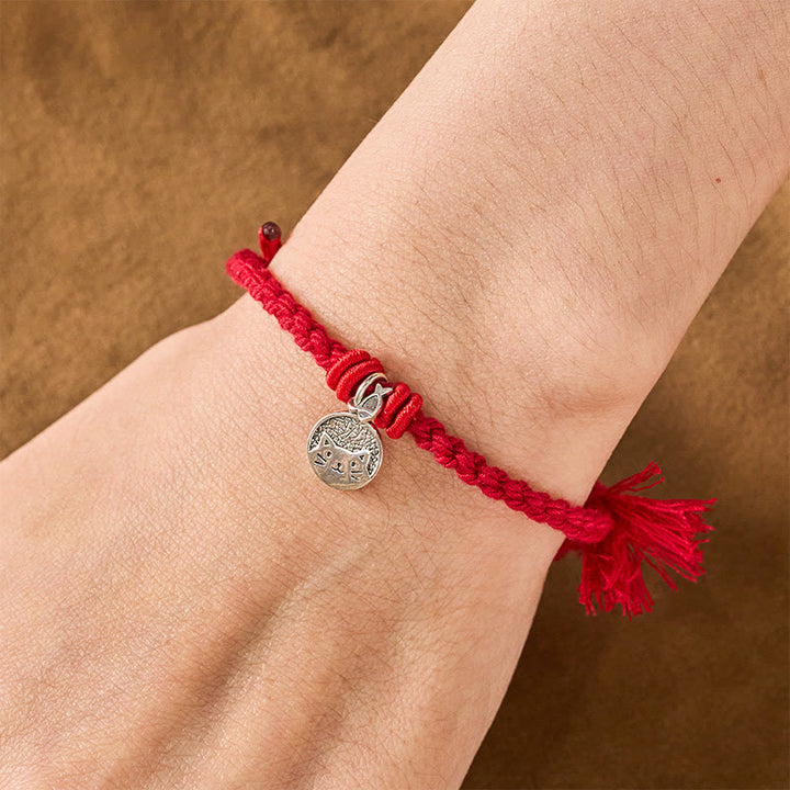 Buddha Stones Pulsera ajustable de plata de ley 925 con diseño de gato y pez, protección tibetana y cordón rojo. - image 4