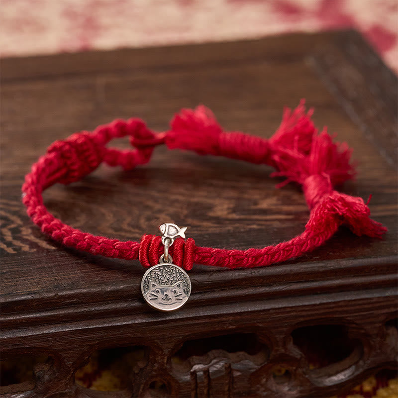 Buddha Stones Pulsera ajustable de plata de ley 925 con diseño de gato y pez, protección tibetana y cordón rojo. - image 1