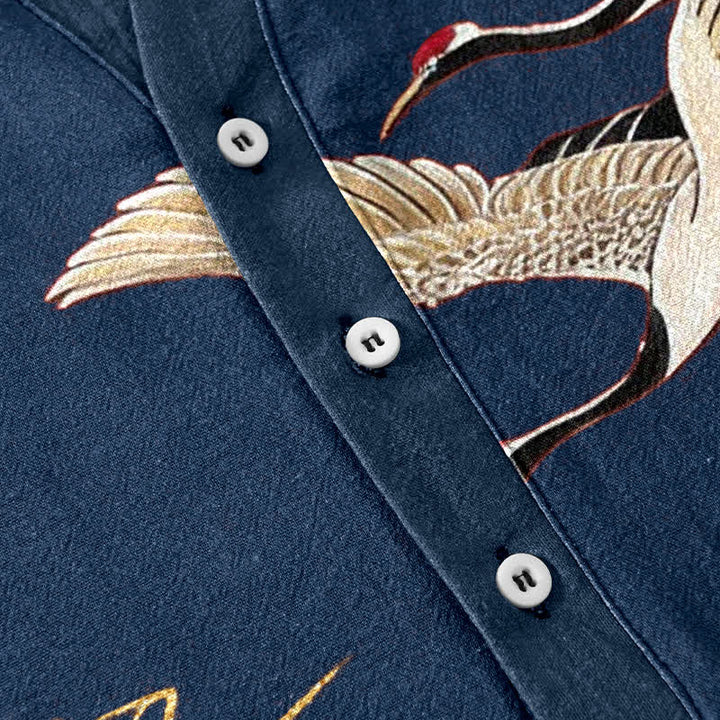 Buddha Stones Camisa de manga corta con medio botón para hombre, modelo Cotton Crane Golden Lotus. - image 3