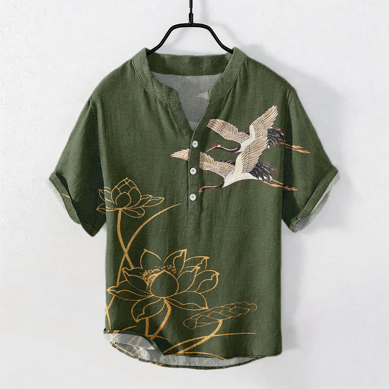Buddha Stones Camisa de manga corta con medio botón para hombre, modelo Cotton Crane Golden Lotus. - Verde oliva - US/UK/AU50, EU60 (5XL) - image 5