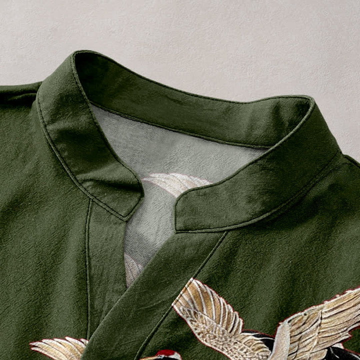 Buddha Stones Camisa de manga corta con medio botón para hombre, modelo Cotton Crane Golden Lotus. - image 7